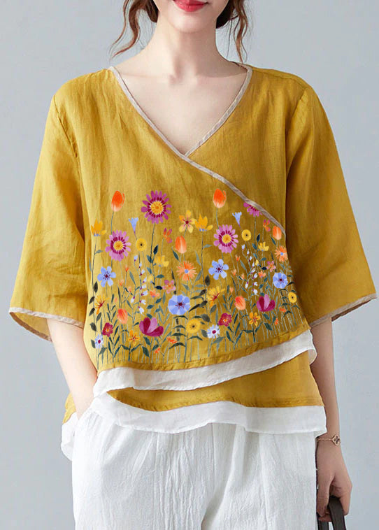 French White Bamboo V Neck Asymmetrical Design Shirt Spring
