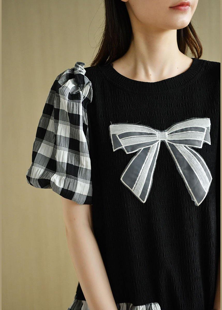 French Black Patchwork Plaid Summer Puff Sleeve Dresses