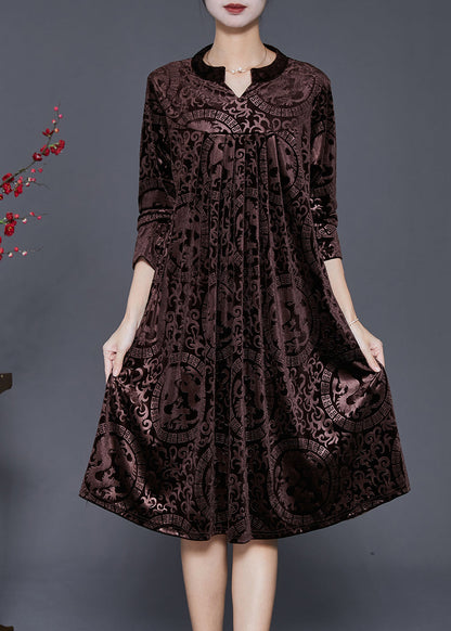 Chocolate V Neck Print Silk Velour Maxi Dresses Fall