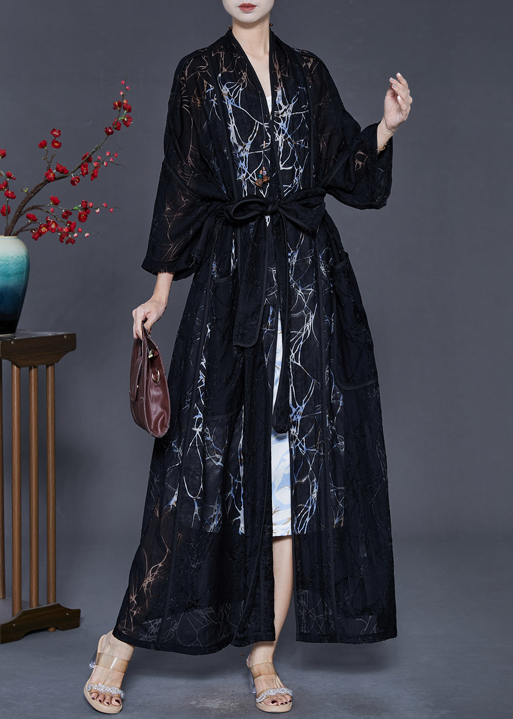 Black Oversized Hollow Out Chiffon Cardigan Spring