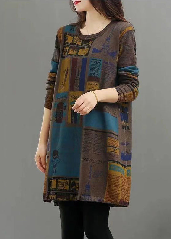 Camel O Neck Print Patchwork Warm Fleece Mid Dress Winter