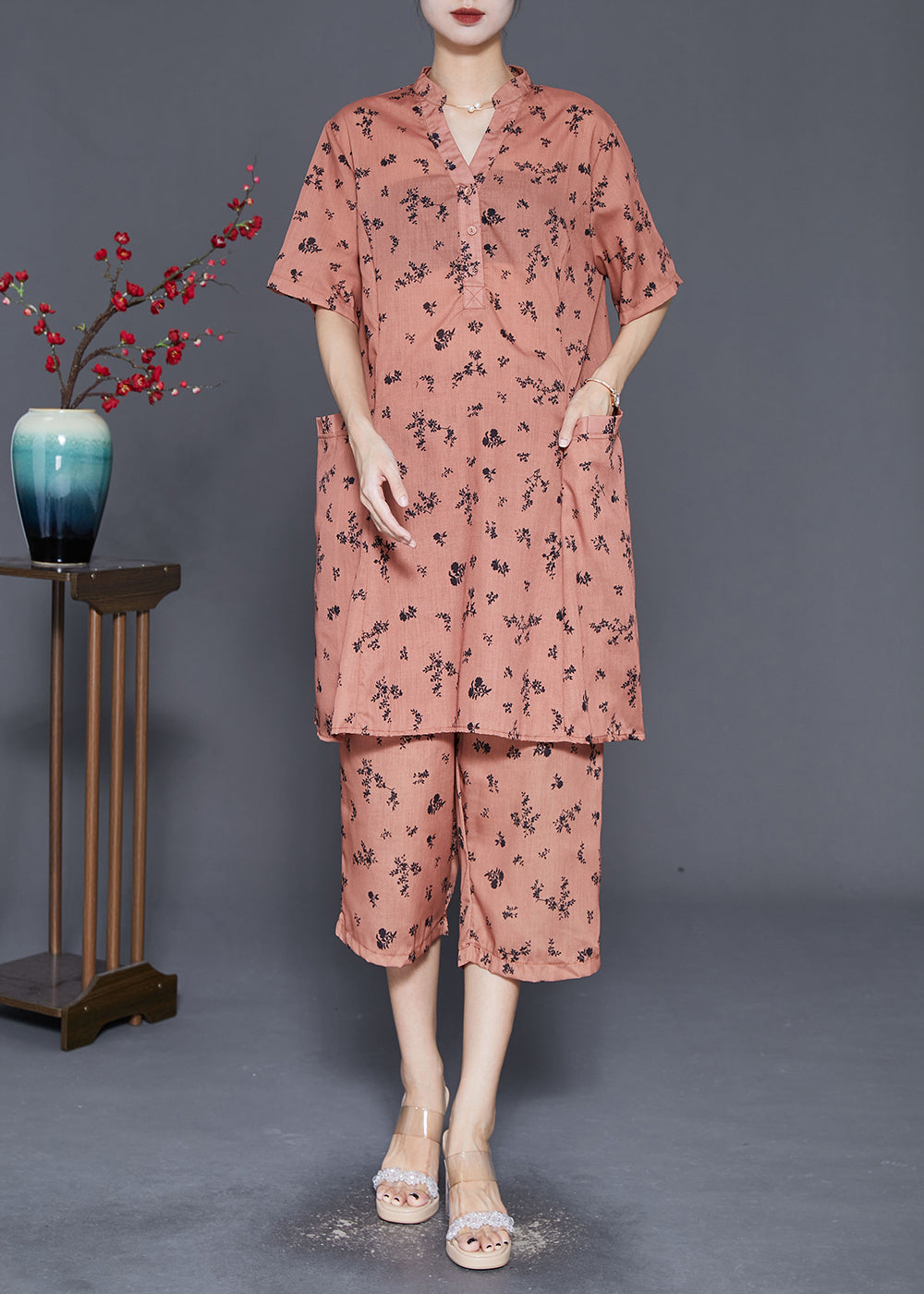 Orange Oversized Print Pockets Cotton Two Pieces Set Summer