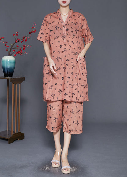 Orange Oversized Print Pockets Cotton Two Pieces Set Summer