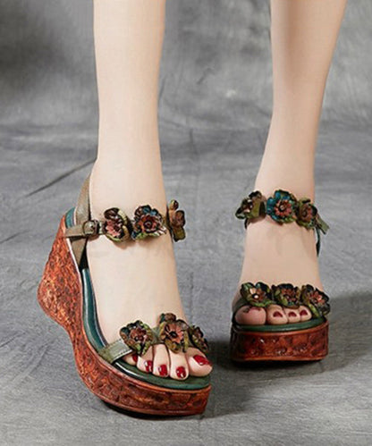 Wedge Sandals Peep Toe Brown Cowhide Leather