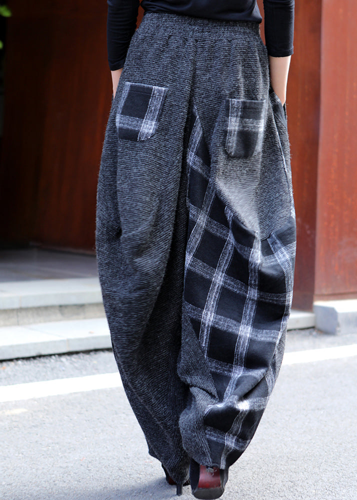 Plaid Patchwork Elastic Waist Lantern Pants Fall