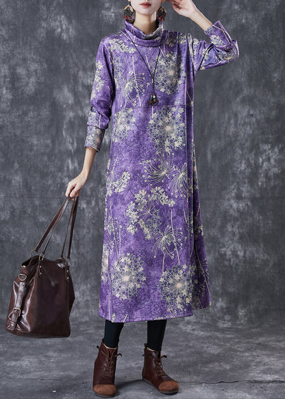 Purple Turtle Neck Print Warm Fleece Party Dress Winter