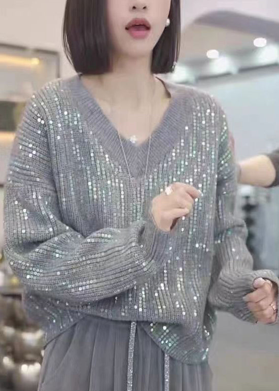 Pink V Neck Sequins Patchwork Knit Sweaters Fall