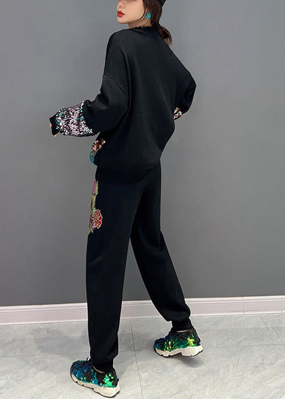 Loose Black O-neck Little Cat Print Top and Beam Pantstwo Pieces Set Spring