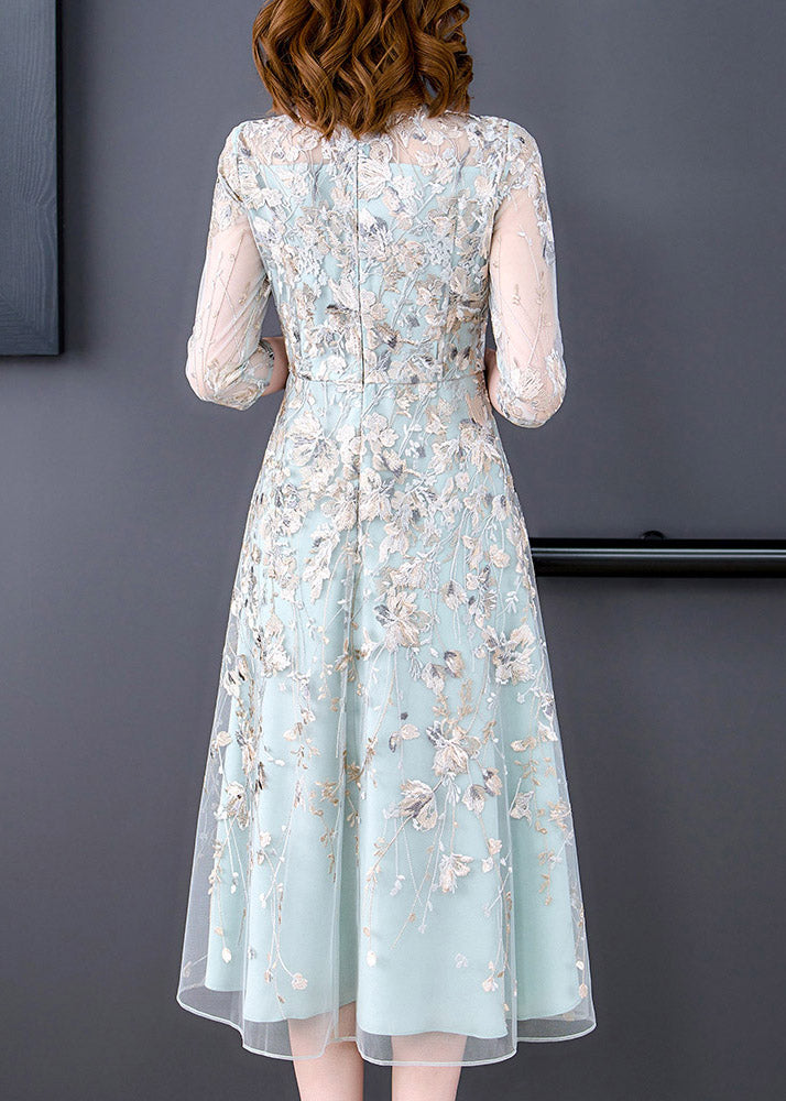 Water Blue O-neck Embroideried Tunic Organza Long Dress Half Sleeve