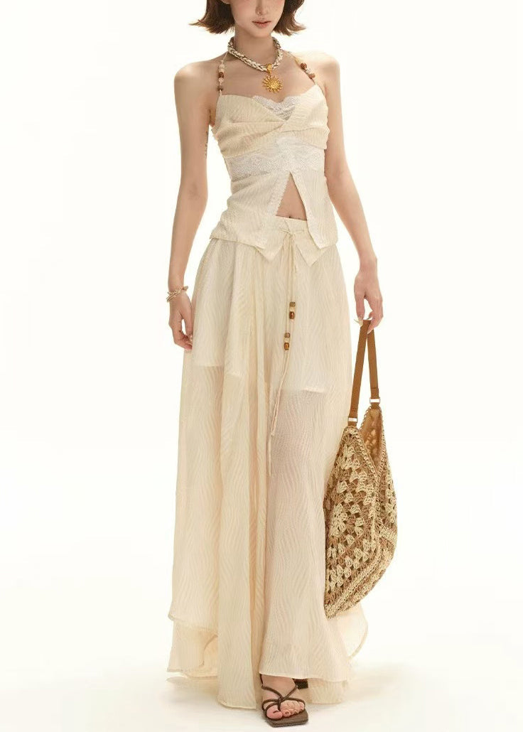 Apricot Lace Tops and Skirts Patchwork Two Pieces Set Sleeveless