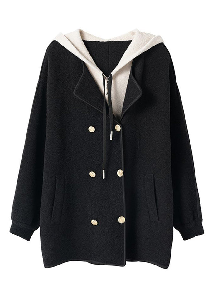 Black Hooded Patchwork Woolen Fake Two Piece Coats Fall