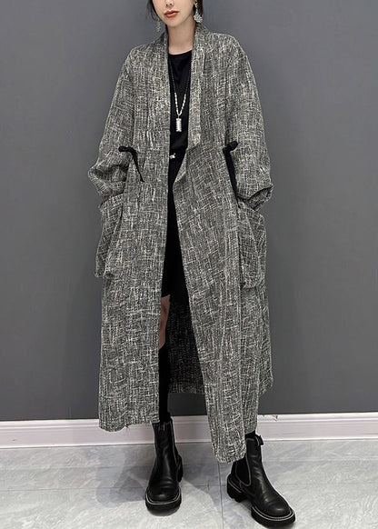 Grey Notched Plaid Button Trench Coats Fall