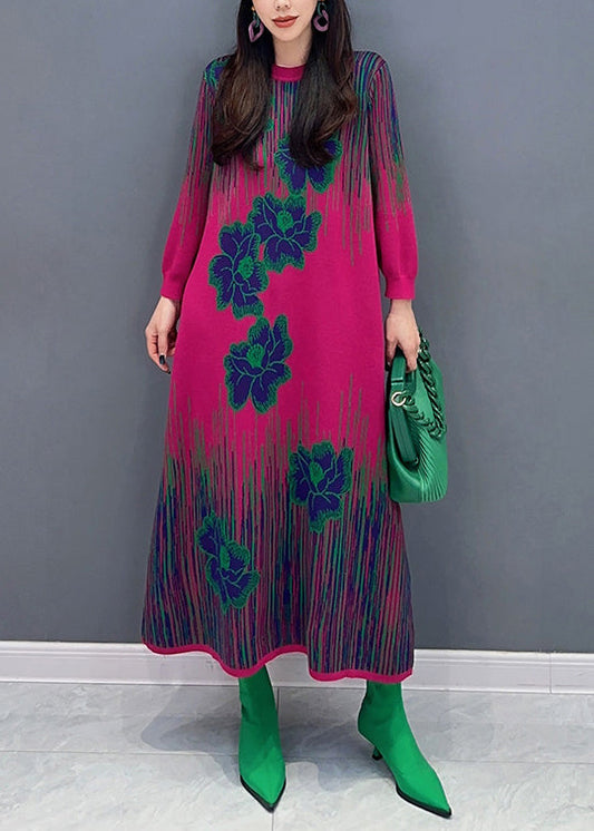 Rose O Neck Print Cozy Knit Dress Long Sleeve