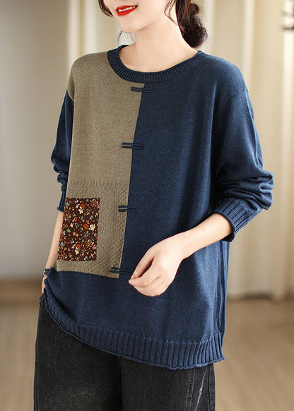 Blue O-neck Button Cozy Cotton Knit Sweater Long Sleeve