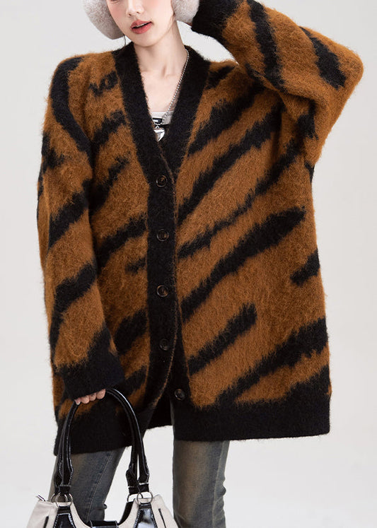 Coffee V Neck Striped Button Knit Cardigans Spring