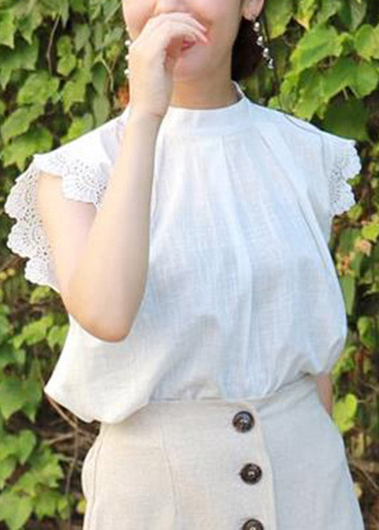 White Stand Collar Ruffled Lace Patchwork Cotton Skirt Summer