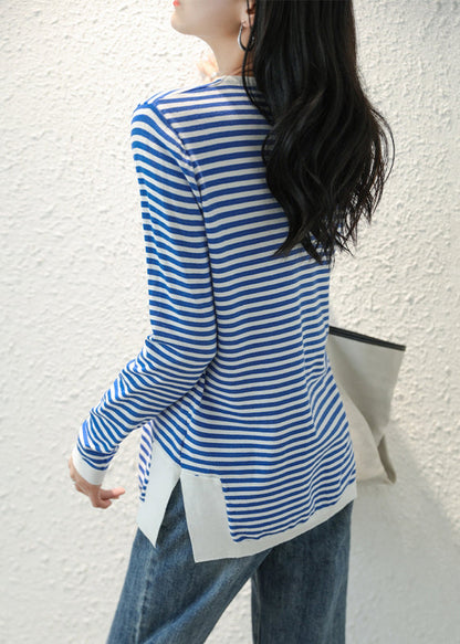 Blue Striped Side Open Patchwork Knitting Cotton Tops Fall