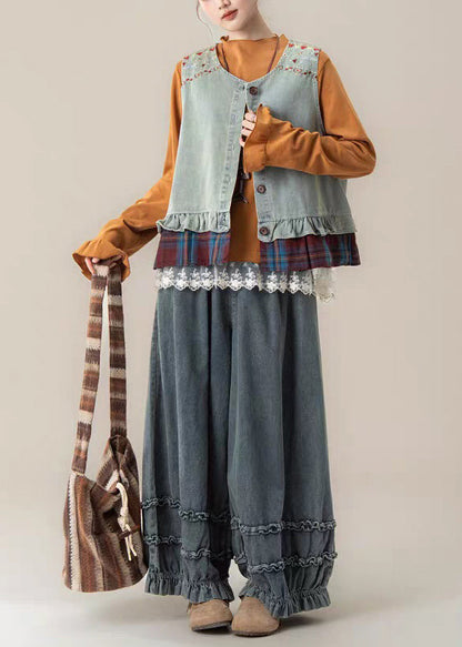 Light Blue O-neck Waistcoat ,top and Jeansthree Pieces Set Sleeveless