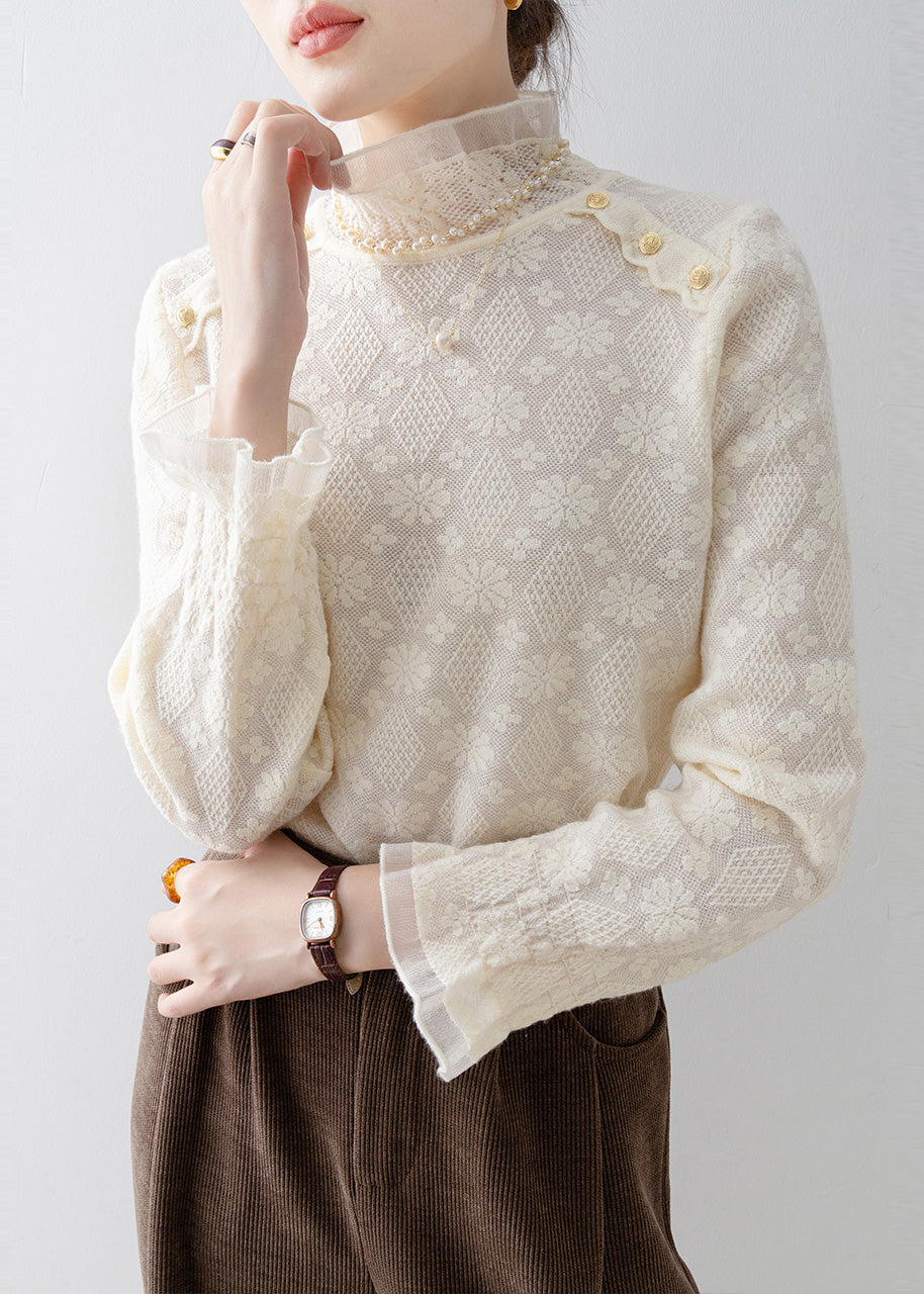 Apricot Stand Collar Jacquard Lace Shirt Top Spring
