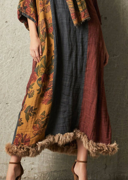 Italian Colorblock Oversized Patchwork Faux Fur Maxi Dresses Bracelet Sleeve