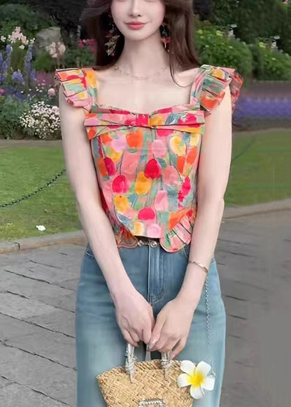Stylish Square Collar Print Cotton Tops Summer