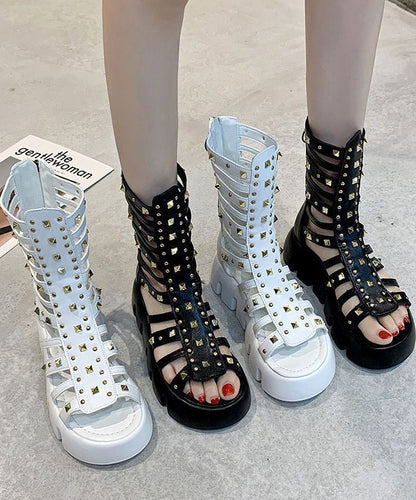 Stylish Black Rivet Hollow Out Sandals Platform Boots
