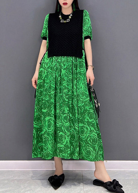 Green O-neck Print Waistcoat Patchwork Holiday Dress Short Sleeve