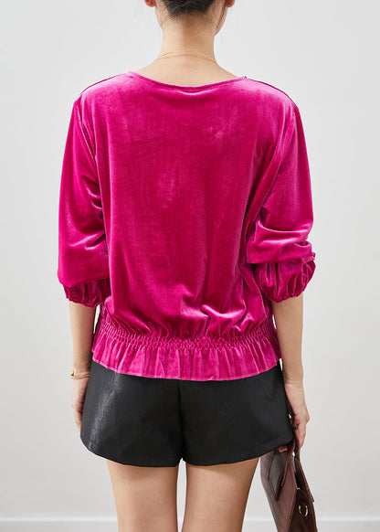 Dragon Fruit Color V Neck Nail Bead Silk Velour Shirts Fall