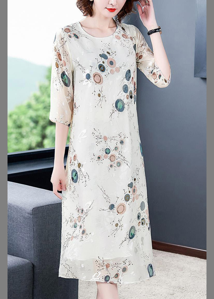 Loose White O-neck Print Silk Holiday Dress Half Sleeve