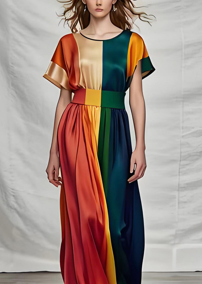Organic Colorblock O Neck Silk Dress Summer
