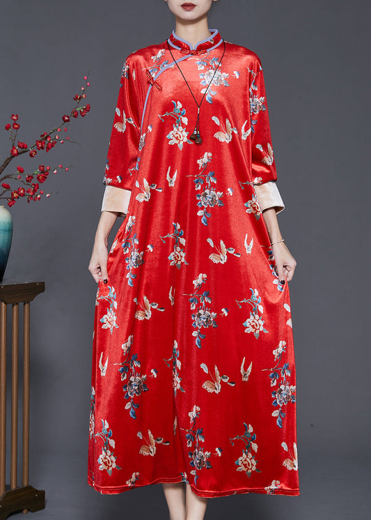 Mulberry Print Silk Velour Chinese Style Dresses Spring