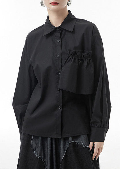 Stylish Black Low High Design Patchwork Shirts Spring
