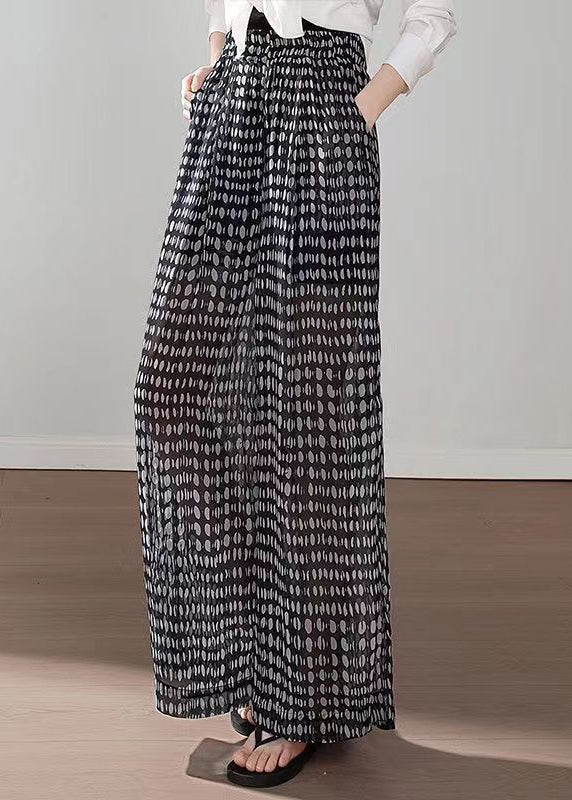 Black Pockets Print Elastic Waist Chiffon Pants Summer