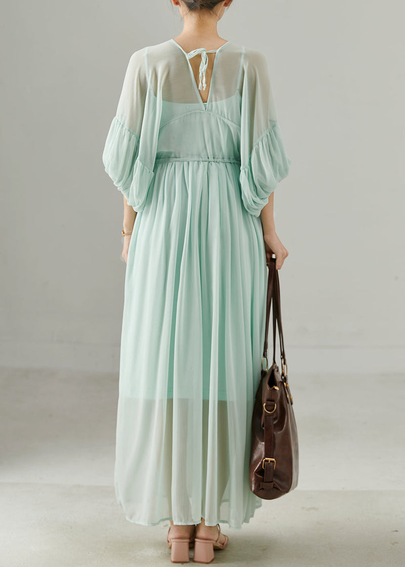 Green V Neck Patchwork Chiffon Long Dress Summer