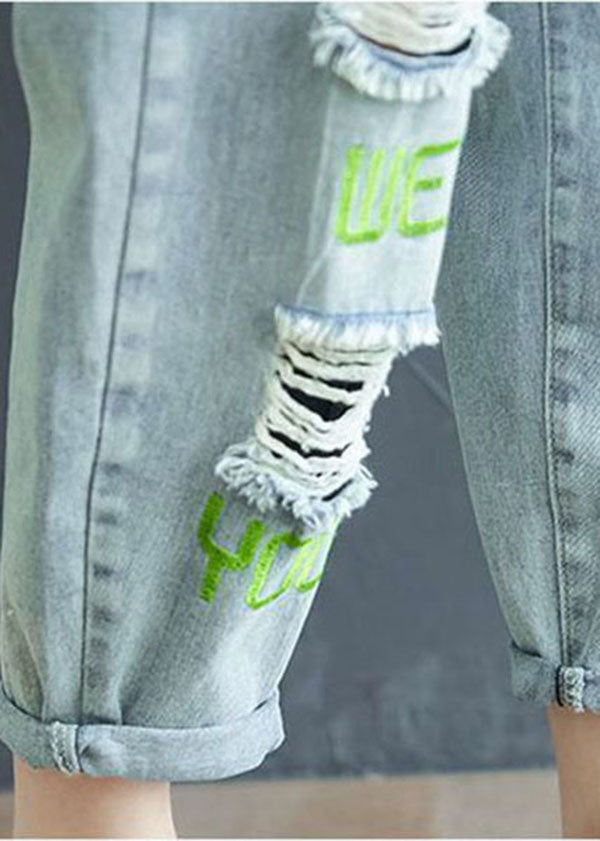 Light Blue Letter Embroideried Pockets Hole Cotton Denim Crop Pants Summer