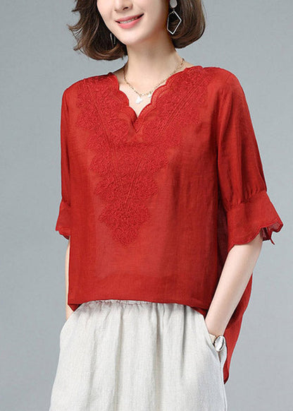 Red V Neck Embroideried Patchwork Linen Tops Summer