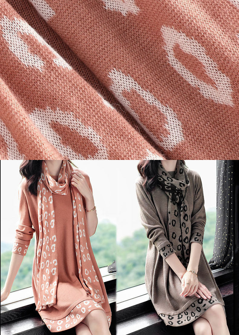 Camel Print Patchwork Knitted Dress O-neck Scarf Long Sleeve Fall