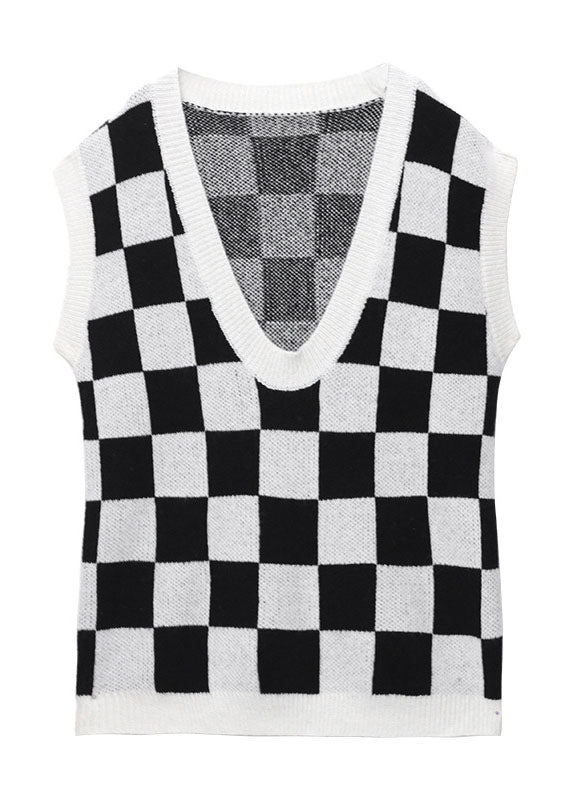 White Plaid V Neck Fall Knit Vest