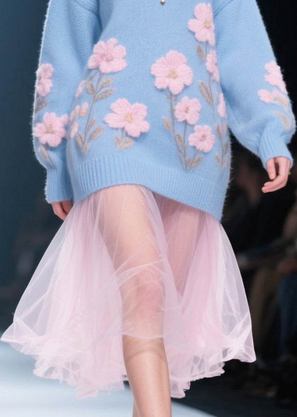 Blue Patchwork Tulle Long Knit Dress V Neck Flower Jacquard Winter