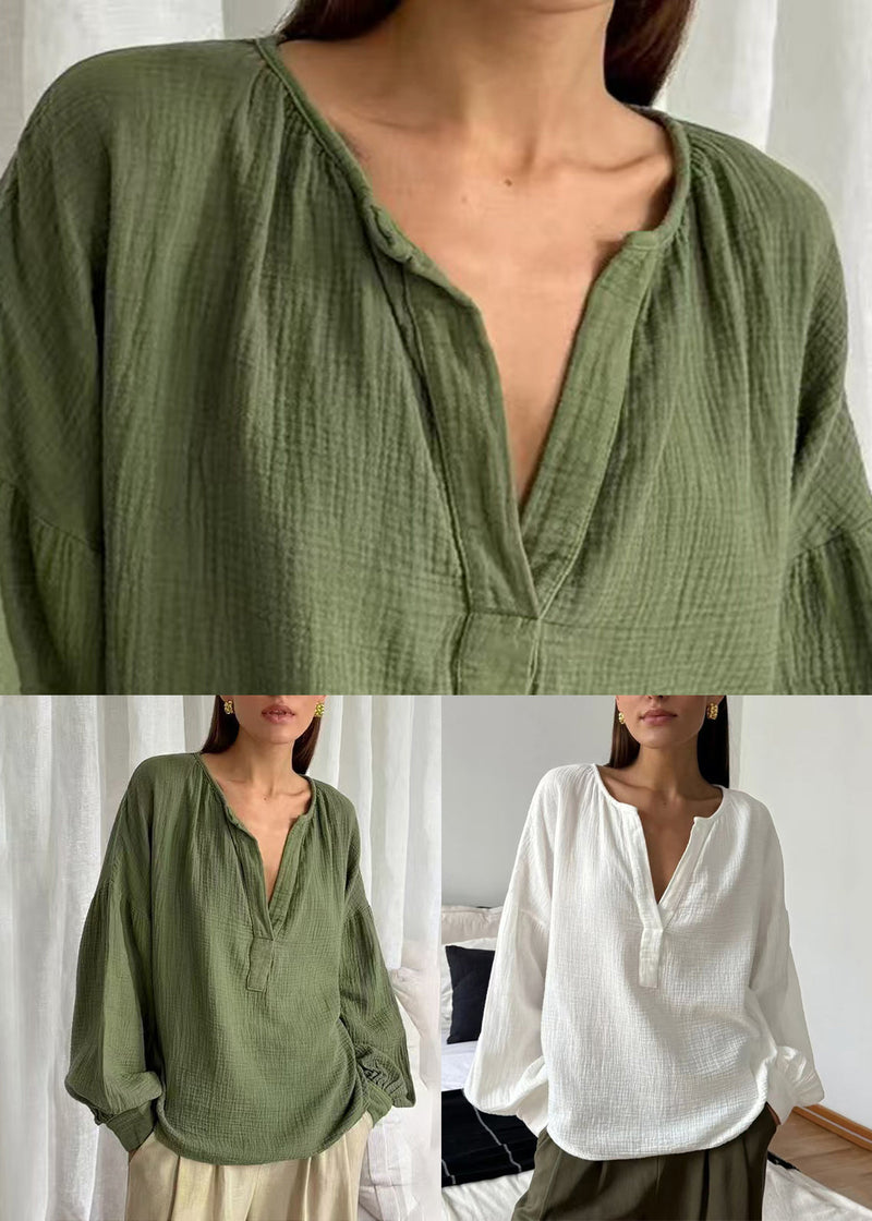 White V Neck Cotton Shirt Fall