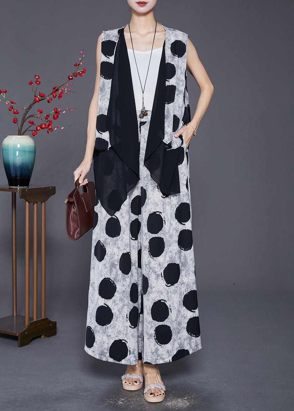 White Asymmetrical Patchwork Circles Cotton Two Piece Set Outfits Fall