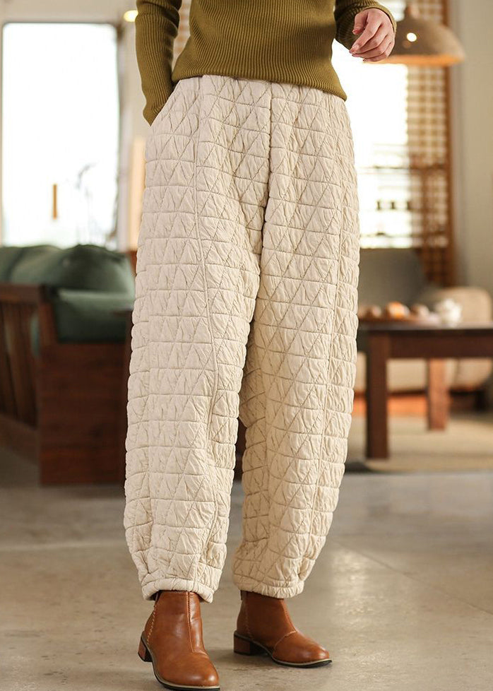 Beige Pockets High Waist Cotton Filled Pants Spring