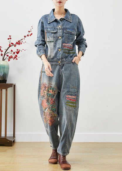 Art Blue Embroideried Print Rivet Denim Two Pieces Set Fall