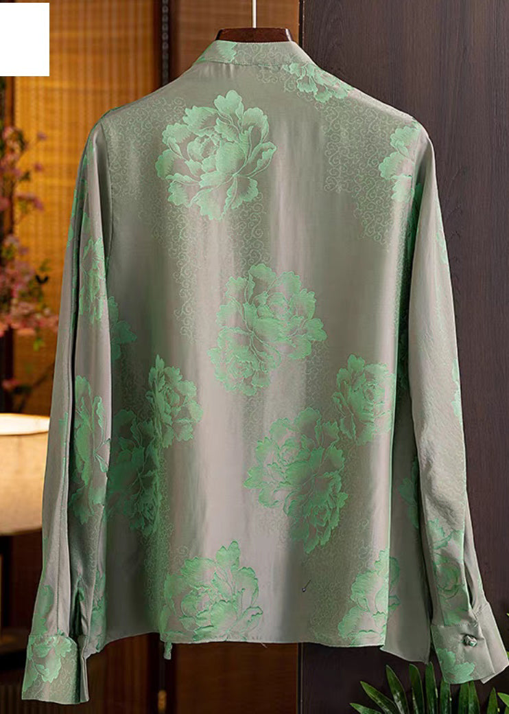 Green Mandarin Collar Button Print Silk Shirt Top Spring