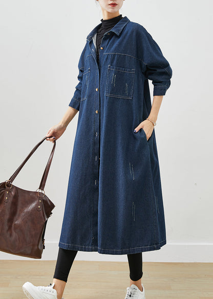 Navy Denim Trench Coats Oversized Pockets Spring