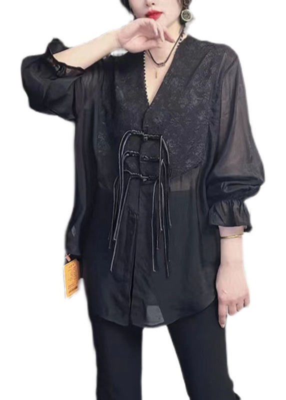 Simple Black V Neck Chiffon Shirts Fall