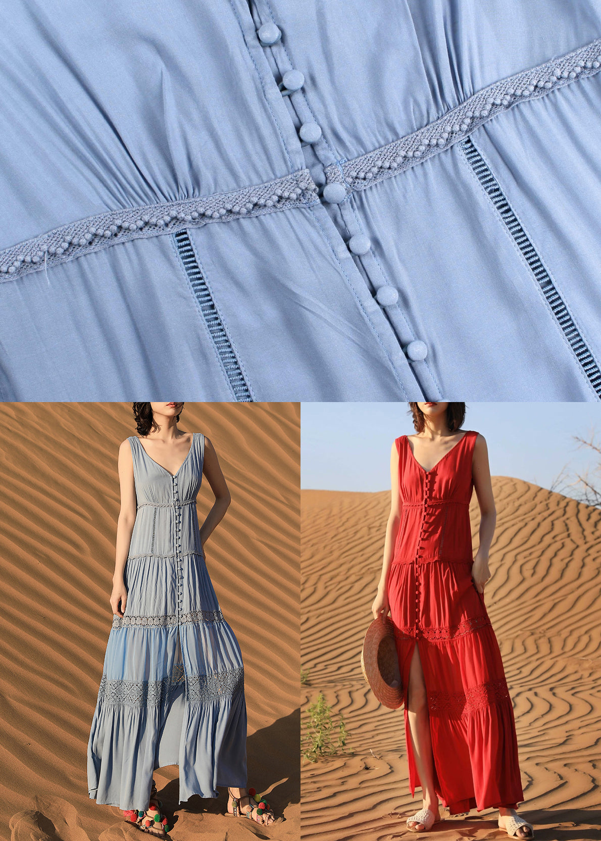 Blue Button Hollow Out Cotton Long Dress Sleeveless