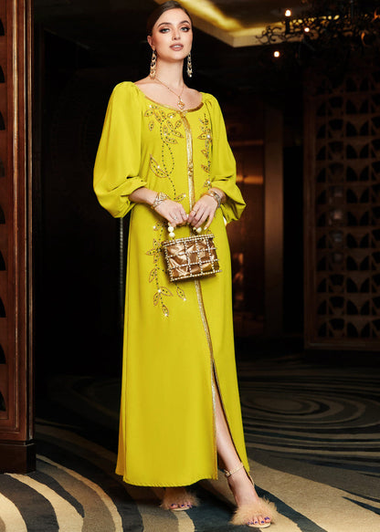 Orange Square Collar Embroideried Lace Patchwork Silk Maxi Vacation Dresses Long Sleeve