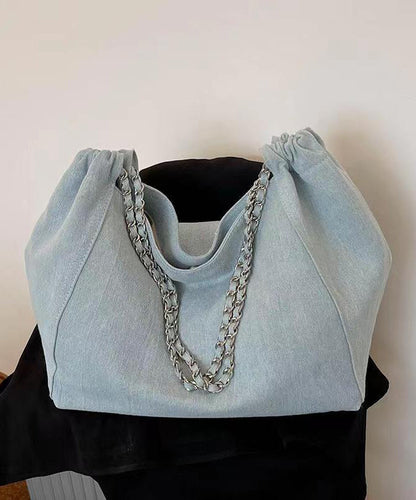 Navy Chain Linked Large Capacity Denim Satchel Handbag