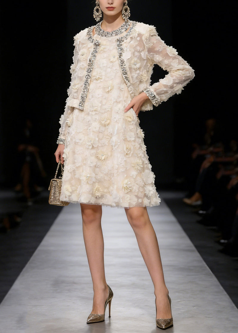 Apricot Coat and Dress Tulle Two Piece Suit Set Spring